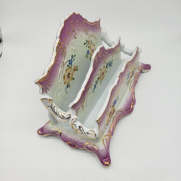Limoges Hand Painted Floral Two Tier Footed Letter Holder. China Porcelain - Picture 3 of 16